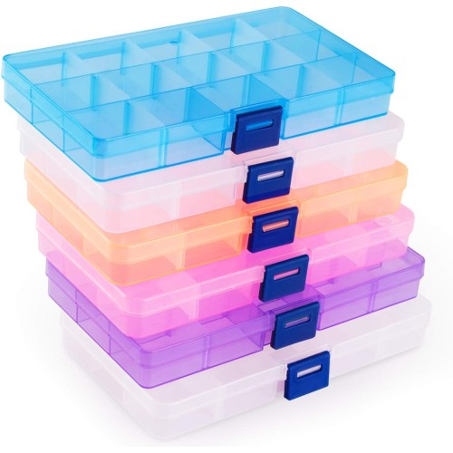 ilauke Compartment Storage Box, Plastic Storage Box in 5 Colours, Sorting Box, Assortment Boxes with Adjustable Compartments for Jewellery, Organiser for Beads, Earrings - 15 Grids x 6