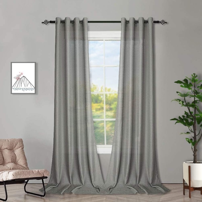 Melodieux Curtains Grey Transparent Linen Look Curtains Short with Eyelets for Living Room Bedroom Set of 2 183 x 140 cm