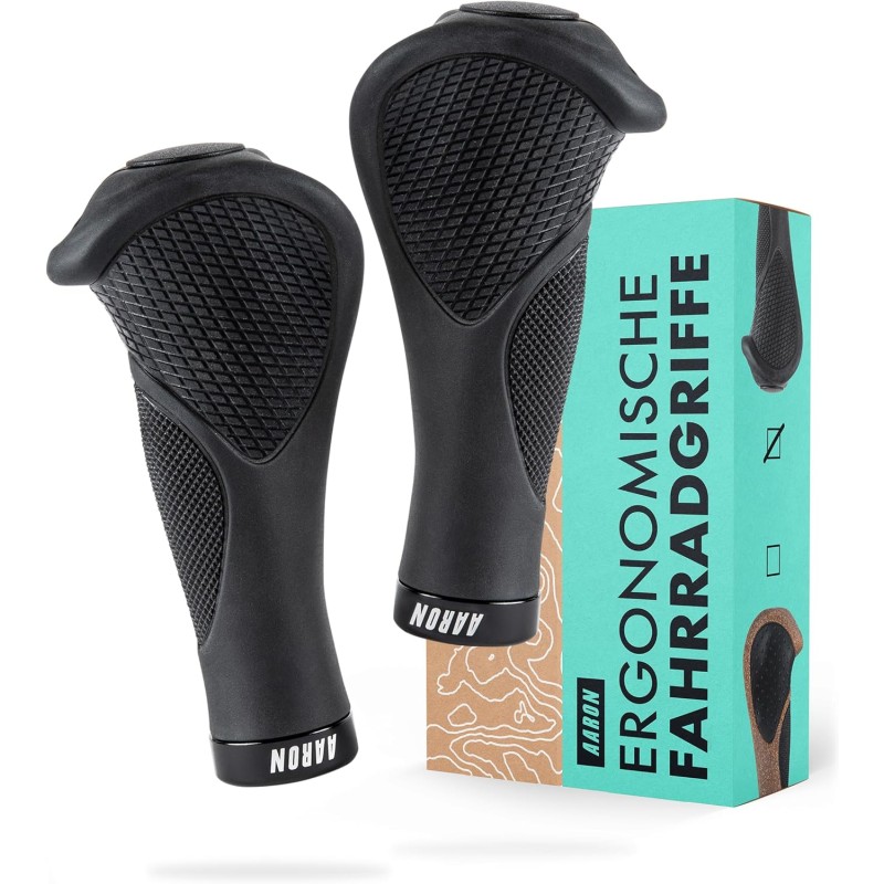 AARON Ergonomic bicycle grips with gel cushioning, ergonomic handlebar grips made of non-slip rubber, handles suitable for e-bike, trekking bike, mountain bike, city bike, touring bike, black