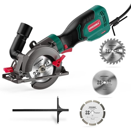 Hychika 750 W Circular Saw 3500U with 6 Saw Blades Laser Guide Cutting Depth 90 ° 48 mm / 45°: 32 mm Mini Circular Saw for Wood Soft Metal Tiles and Plastic