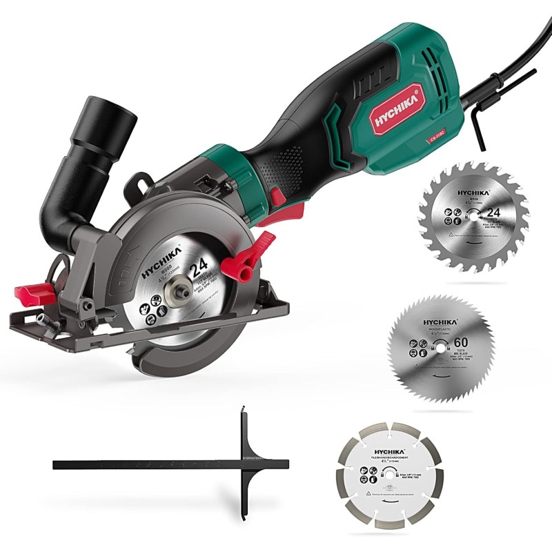 Hychika 750 W Circular Saw 3500U with 6 Saw Blades Laser Guide Cutting Depth 90 ° 48 mm / 45°: 32 mm Mini Circular Saw for Wood Soft Metal Tiles and Plastic