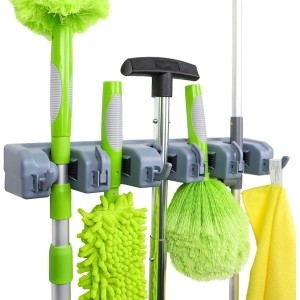 Amazon Basics Rectangular Broom Holder and Garden Tool Organiser, Wall Mount for Laundry Room, Cleaning Accessories, Kitchen, Shed and Garage, 6 Hooks and 5 Slots, 43 x 8.5 x 6.2 cm, Grey