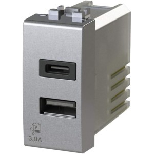 4box USB3.0 USB захранващ блок 3 Ампера 2 изхода към единичен модул тип A и тип C мъжки съвместим с Bticino LivingLight Tech Silver