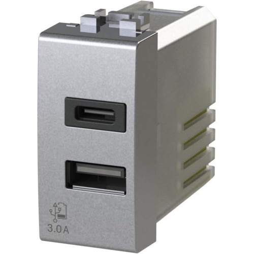 4box USB3.0 USB захранващ блок 3 Ампера 2 изхода към единичен модул тип A и тип C мъжки съвместим с Bticino LivingLight Tech Silver