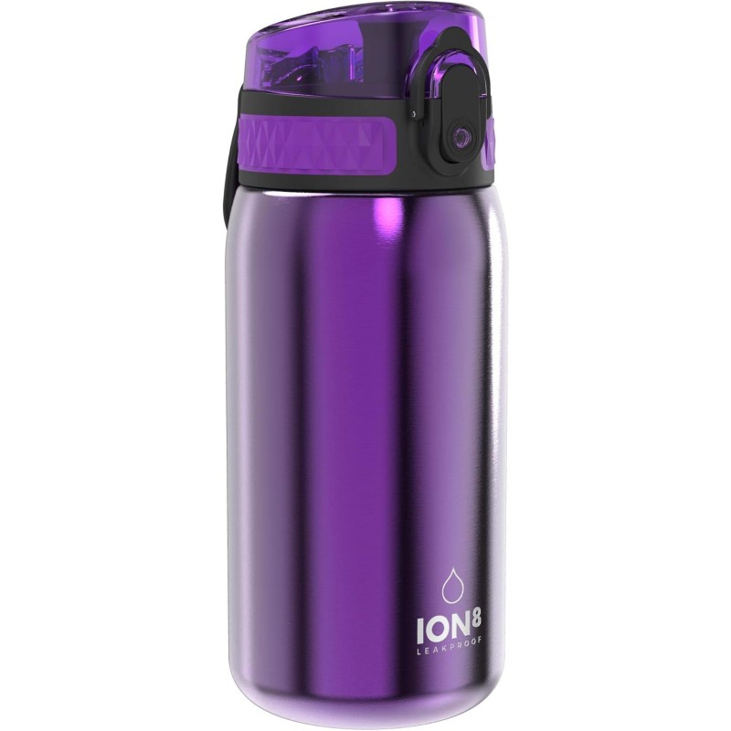ion8 Kinder Trinkflasche, Edelstahl Leicht 400ml, Nicht Isoliert, Auslaufsicher, Einhandöffnung, Sichere Verriegelung, Spülmaschinenfest, Klappdeckel, Tragegriff, Leicht zu Reinigen
