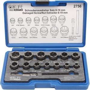 CCLIFE 15-Piece 3/8 Inch Cr-Mo Special Socket Wrench Insert Left Extractor Screw Extractor Nut Remover 8-19 mm Turbo Nuts