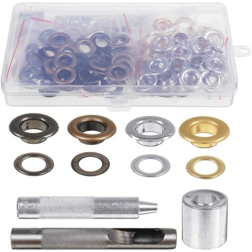 Gasea Set of 100 10 mm Colourful Eyelets with Washer Eyelets Set with 3 Mounting Materials for Repairing and Crafting Shoes, Bags, Clothing, Leather Silver + Black + Bronze + Gold