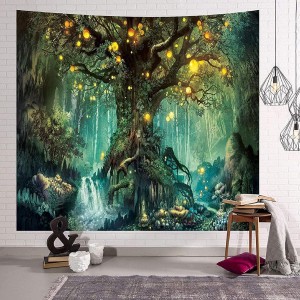 Zodight Tree of Life Tapestry, with Waterfalls and Elves Under Old Enchanted Tree, Psychedelic Forest Wall Decoration, Wall Hanging for Bedroom, Living Room, Dorm