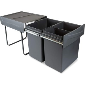 Emuca Kitchen Waste Bin with Bottom Fixing, 2 Pull-Out 20 L Recycle Bins, Total Capacity 40L (2 x 20L), Steel and Plastic, Charcoal Grey