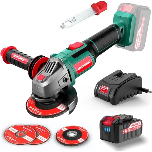 Hychika Cordless Battery-Powered Angle Grinder and Cutter with 115 mm Disc Diameter, 18 V, Idle Speed: 8500 min-1, Lock Switch