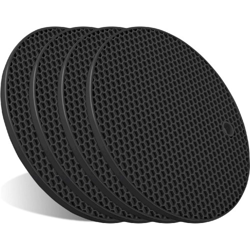 4 Pack Heat Resistant Silicone Extra Thick Large Non Slip Hot Pot Trivet Mat Black
