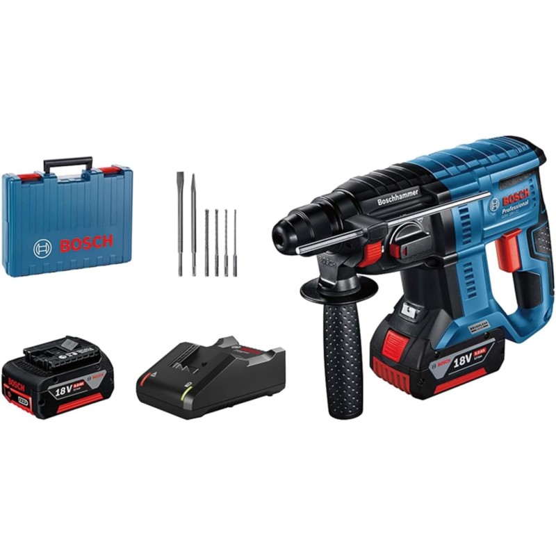 Bosch Professional 18 V system battery hammer drill GBH 18V-21 (max. Impact energy 2 J, incl. 2 x GBA 18V 5.0Ah battery, charger GAL 18V-40, 6-piece Drill Chisel Set, in Case) - Amazon Exclusive Set