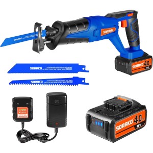 SORAKO Reciprocating Saw, 18 V Battery Reciprocating Saw with 4.0 Ah Batteries, Variable Speed from 0-3000 SPM, Stroke Length 20 mm, 2 Saw Blades, Quick Charger, Quick Release Chuck, Cutting for Wood