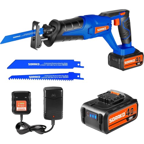 SORAKO Reciprocating Saw, 18 V Battery Reciprocating Saw with 4.0 Ah Batteries, Variable Speed from 0-3000 SPM, Stroke Length 20 mm, 2 Saw Blades, Quick Charger, Quick Release Chuck, Cutting for Wood