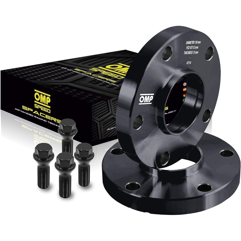 OMP Speed Set of 2 Wheel Spacers Double Centred Thickness 15 mm PCD: 5x112 CB: 66.5 OD 139 Screws x20 M14x1.5 Cone + 14x1.5 Ball Black Aluminium OMPS08671501
