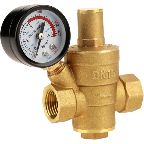 Regun DN15 Pressure Regulator Water, Brass Pressure Reducing Valve, Adjustable Water Pressure Regulator with Pressure Gauge, Can Be Used in Private Homes, Buildings and Factories