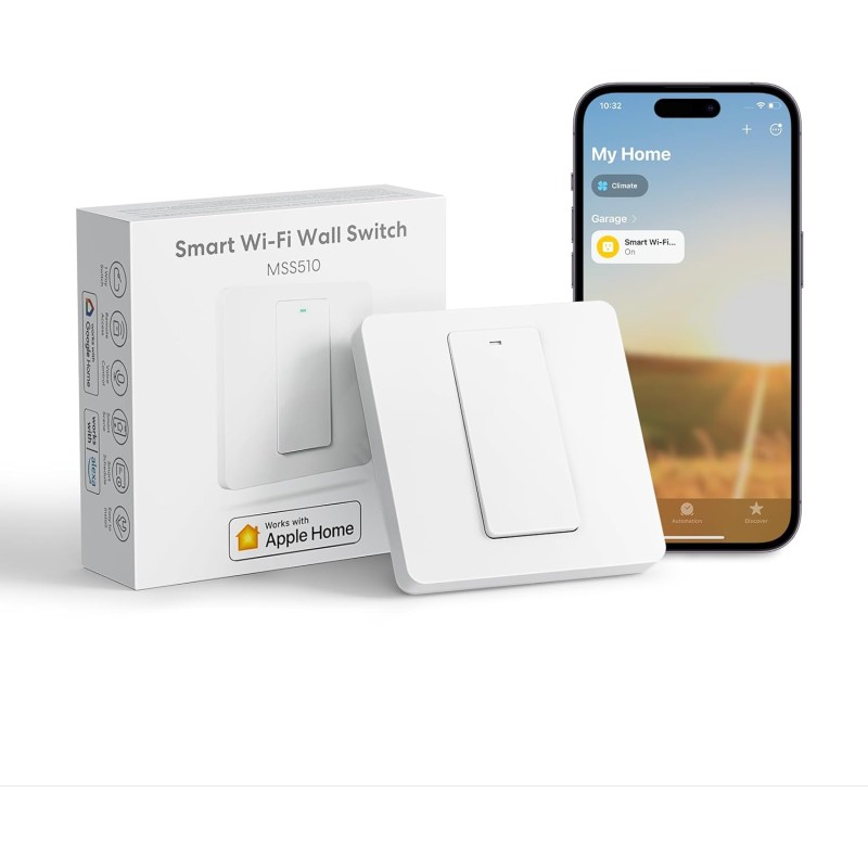 Meross HomeKit Light Switch, Smart Switch, WiFi Wall Switch, 1 Gang, Requires Neutral Wire, Physical Button Switch, Compatible with Siri, Alexa, and Google Home, 2.4 GHz, No Hub Required