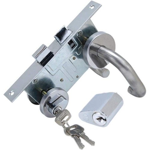 KAIISSA Steel Door Lock / FH Door Lock Complete Set Fitting (Double-Sided Handle) + Lock (DIN Left/Right Latch and Bolt Centre) + Profile Cylinder, Stainless Steel Gear Handle Lock Door Lock Kit