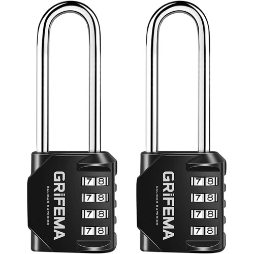 GRIFEMA 2 Pack Combination Lock 4 Digit with Long Shackle - Padlock Weatherproof Frost-Proof Lock with Combination Code Zinc Alloy Robust, Safe, Locks for Locker, Garage, Gate, School, Suitcase