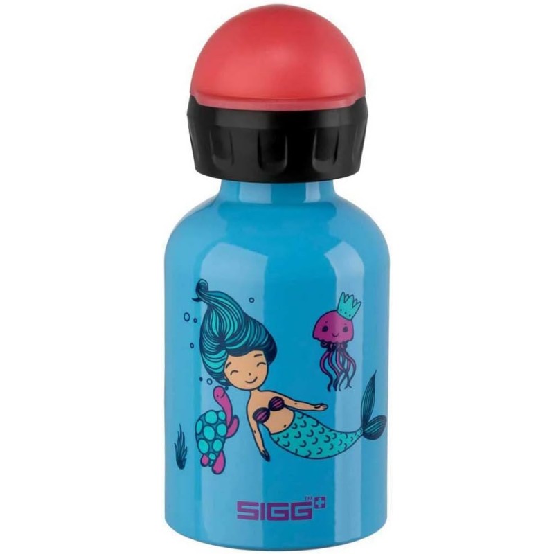 SIGG - Алуминиева бутилка за деца - KBT Water World - Устойчива на изтичане и счупване - Лека като перце - Без BPA - Сертифицирана като климатично неутрална - Спорт и училище - Светлосиня с русалка - 0,3 л