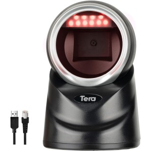 Tera Pro 2D QR Desktop Barcode Scanner Omnidirectional Adjustable Scan Head, USB Wired Handsfree Platform Automatic Bar Code Reader for Market Retail Store Phone Screen Payment, 9100