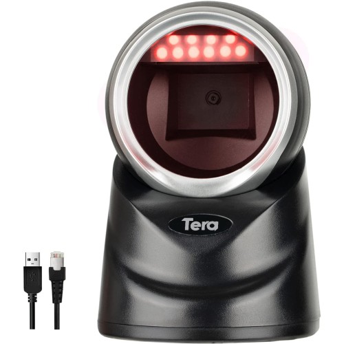 Tera Pro 2D QR Desktop Barcode Scanner Omnidirectional Adjustable Scan Head, USB Wired Handsfree Platform Automatic Bar Code Reader for Market Retail Store Phone Screen Payment, 9100