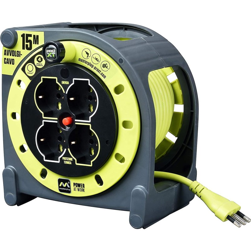 Masterplug HMIT15164L-PX Cable Reel, 15 m, 4 Universal Sockets Prolivalent: Bipass, EU, Schuko, Extension Cable 16 A, LED Indicator, High Visibility Cable, Yellow (Lime), 15 m