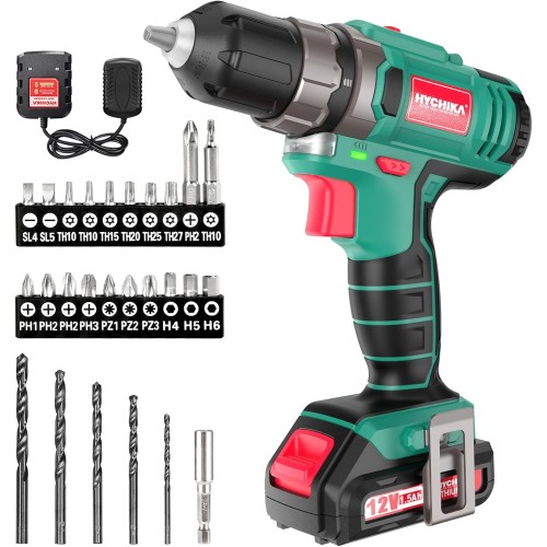Hychika cordless screwdriver 12V, 30-Nm max. 1500mAh Torque, 1-hour quick charge, 4 x flat drill bits, 6 x spiral drills, 6 x screw bits, 5 x socket wrench inserts, carry bag