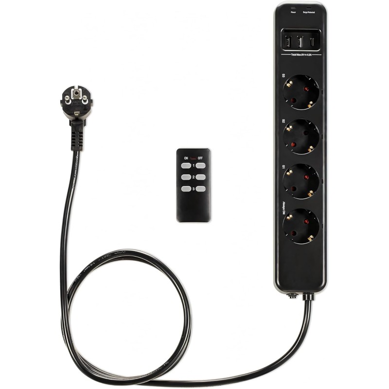 Navaris Wireless Power Strip 4-Way Individually Switchable - with 3x USB Sockets - Radio Socket Strip with Remote Control - Multiple Socket Black