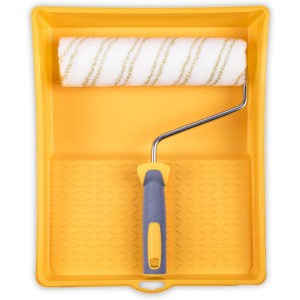 HARDY WORKING TOOLS A0180-514000 Painter's Set, Paint Roller, Paint Tray, Protective Film and Paint Rollers, Polyester Pile Height 12 mm, Length 25 cm, Diameter 48 mm, White/Yellow/Grey