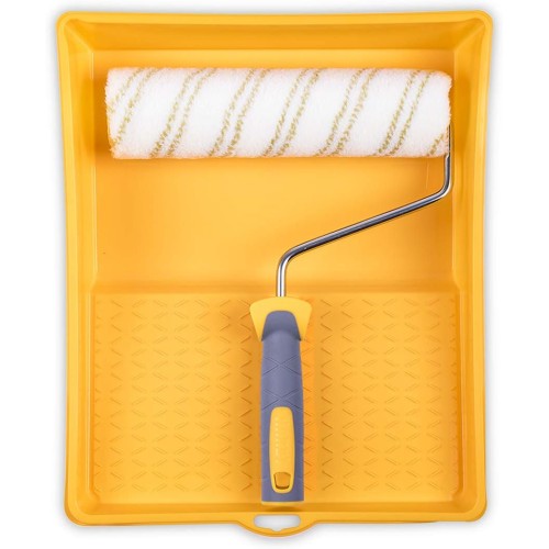 HARDY WORKING TOOLS A0180-514000 Painter's Set, Paint Roller, Paint Tray, Protective Film and Paint Rollers, Polyester Pile Height 12 mm, Length 25 cm, Diameter 48 mm, White/Yellow/Grey