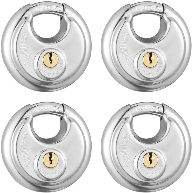 Pack of 4 Stainless Steel Key Disc Padlocks with Key 6.5cm Wide, 3/8 Diameter Disc Shackle for Storage Units, Sheds, Garages and Fences