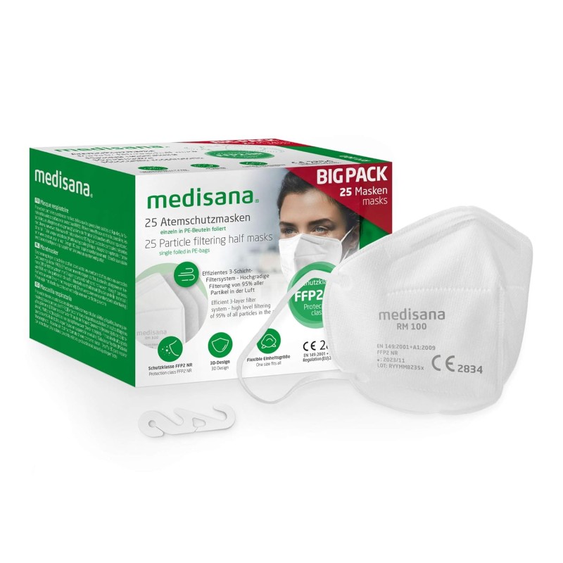 Medisana FFP2/KN95 маски за лице прахова маска RM 100 дихателна маска 3-слойна прахова маска маска за уста индивидуално опакована в PE торбичка сертифицирана CE2834 - EU 2016/425