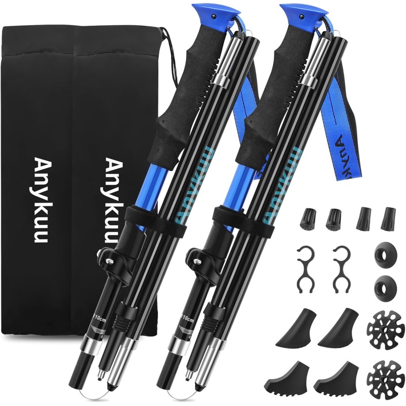 Anykuu Hiking Poles / Trekking Poles, Foldable Nordic Walking Poles, Telescopic, Adjustable Lightweight 37 ~-135 cm for Mountaineering / Hiking with Carry Bag and EVA Foam Handle, Aluminium Alloy Folding Rod, blue
