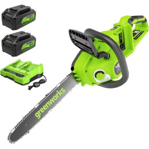 Greenworks 48 V (24 V x 2) Battery Chainsaw with Brushless Motor, 35 cm Blade Length, 20 m/s Chain Speed, Car Oiler with Two 4Ah Batteries and Double Charger, GD24X2CS36K4X