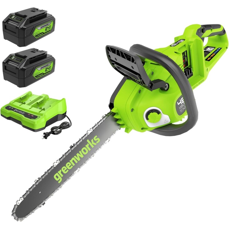 Greenworks 48 V (24 V x 2) Battery Chainsaw with Brushless Motor, 35 cm Blade Length, 20 m/s Chain Speed, Car Oiler with Two 4Ah Batteries and Double Charger, GD24X2CS36K4X