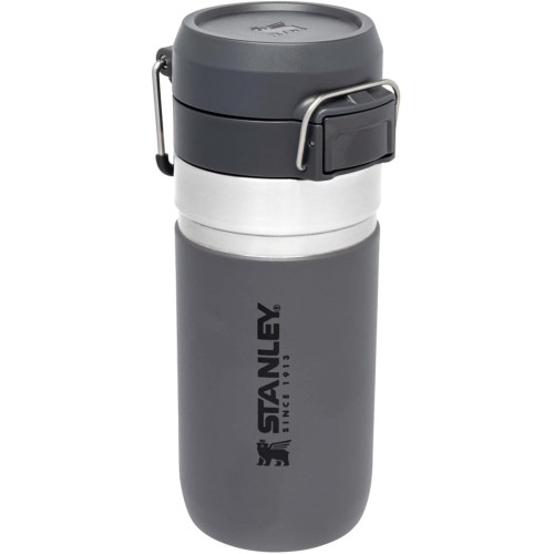 Stanley Quick Flip Water Bottle, Stainless Steel, 0.47 L, Keeps Drinks Cold for 7+ Hours, BPA-Free, Dishwasher-Safe, Push Button Lid, Leak-Proof Thermos Flask, Charcoal