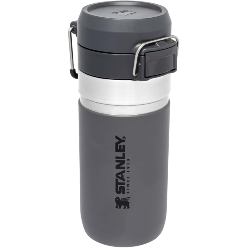 Stanley Quick Flip Water Bottle, Stainless Steel, 0.47 L, Keeps Drinks Cold for 7+ Hours, BPA-Free, Dishwasher-Safe, Push Button Lid, Leak-Proof Thermos Flask, Charcoal