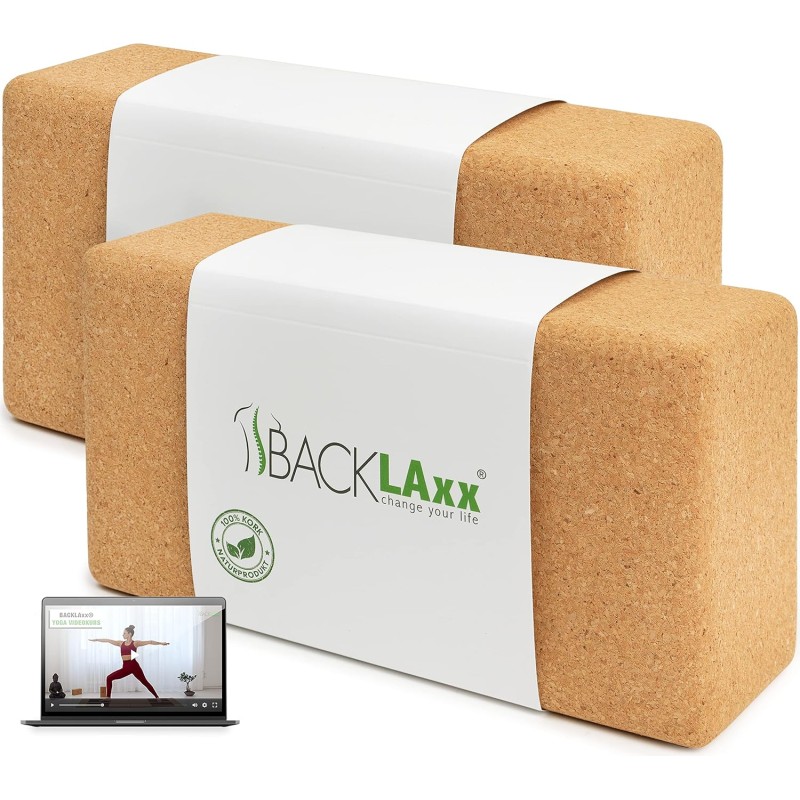 BACKLAxx ® Yoga Block Cork - 100% Natural Yoga Block Sustainable - Yoga Block Skin Friendly and Ecologically Produced Including Application Videos - Yoga Blocks Yoga Block