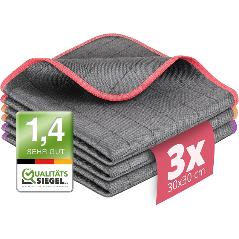 Lavandola® 3 x window cloths, for crystal clear and streak-free windows, 30 x 30 cm, carbon cloths for the home, microfibre window cleaning cloth, glass cloth