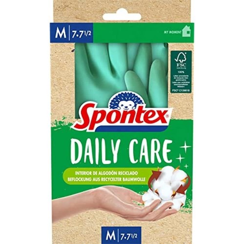 Spontex Daily Care Household Gloves Made from 100% FSC Certified Latex with Recycled Cotton Lining for All Cleaning and Maintenance Tasks, 1 Pair, Size M (7-7.5)