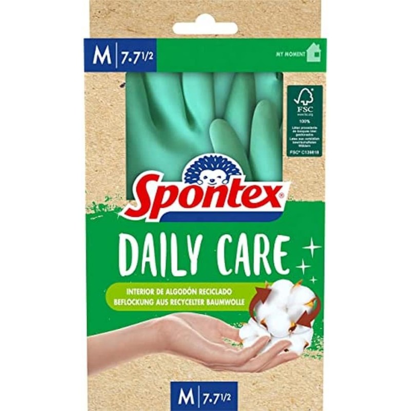 Spontex Daily Care Household Gloves Made from 100% FSC Certified Latex with Recycled Cotton Lining for All Cleaning and Maintenance Tasks, 1 Pair, Size M (7-7.5)