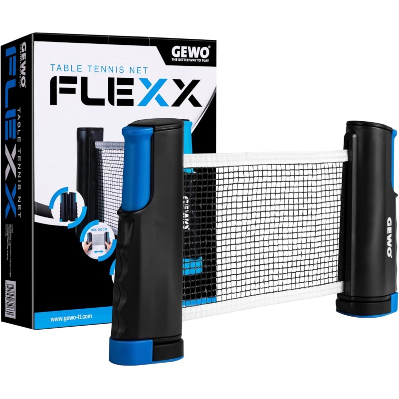 GEWO Table Tennis Net FleXX - Table Tennis Net for Any Table - Adjustable Anti Slip Clamps for Table Tennis Net to Go - Up to 2 m Extendable for Table Thickness up to 5 cm, Net Height 15.25 cm