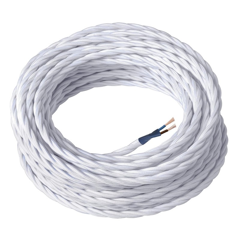 Amarcords - Textile cable for lamps, white, braided, silk, 10 m, with 2 conductors 2 x 0.75 mm - fabric cable covered with coloured vintage fabric for chandeliers, wall lamps and lampshades