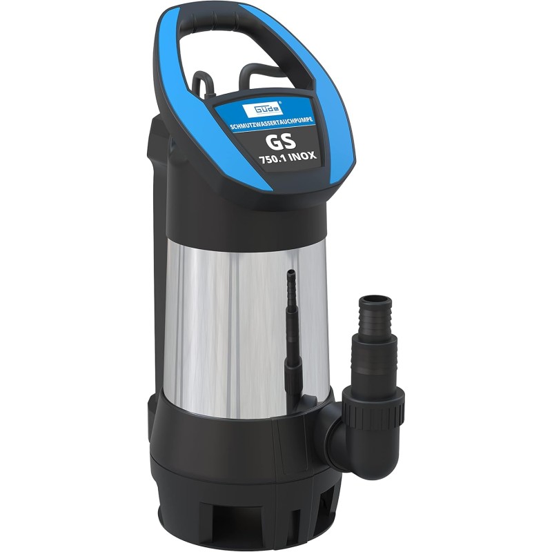 Güde 94679 Submersible Dirty Water Pump GS 750.1 INOX (4-Way Adjustable Sensor Switch, Stainless Steel Sheath, Flow Volume 15000 l/h), Black, Stainless Steel, Blue