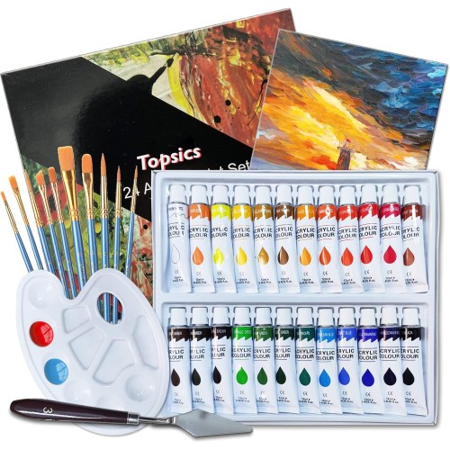 Topsics 37-piece acrylic paint set, 24 x 12 ml non-toxic acrylic paint set for beginners, artists, with 10 brushes, 1 mixing palette, 1 canvas, and 1 scraper, perfect for canvas, wood, fabric