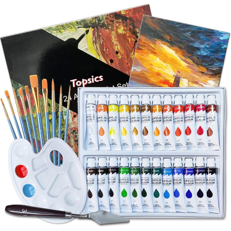 Topsics 37-piece acrylic paint set, 24 x 12 ml non-toxic acrylic paint set for beginners, artists, with 10 brushes, 1 mixing palette, 1 canvas, and 1 scraper, perfect for canvas, wood, fabric