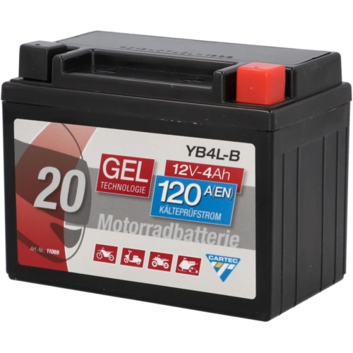 Cartec YB4L-B Motorcycle Battery, 4Ah 56A, Gel Technology, Motorcycle Starter Battery, OEM Quality, Cycle-Resistant, Storage-Free, Maintenance-Free