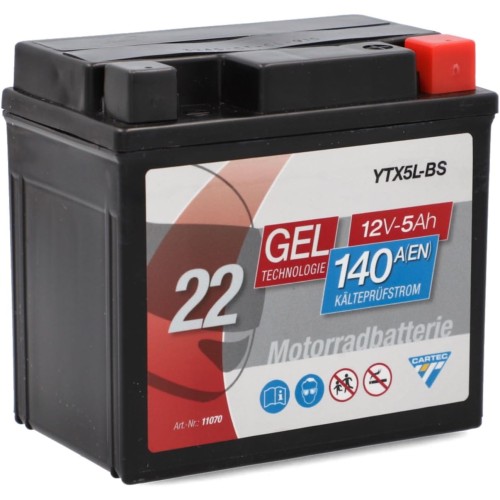 Cartec Motorcycle battery YTX5L-BS, 4Ah, 80A, gel technology motorcycle starter battery, OEM quality, cycle-resistant, storage-free, maintenance-free
