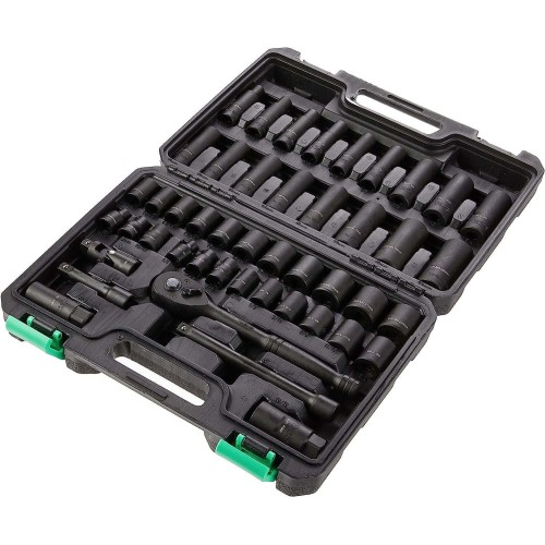Amazon Basics Drive Set 3/8 Inch with 6 Flat and Deep Sockets and a 72-tooth Reversible Ratchet, SAE/Metric, 46 Pieces with Transport Case, 13.1 x 9.7 x 3 Inches (Formerly Denali)